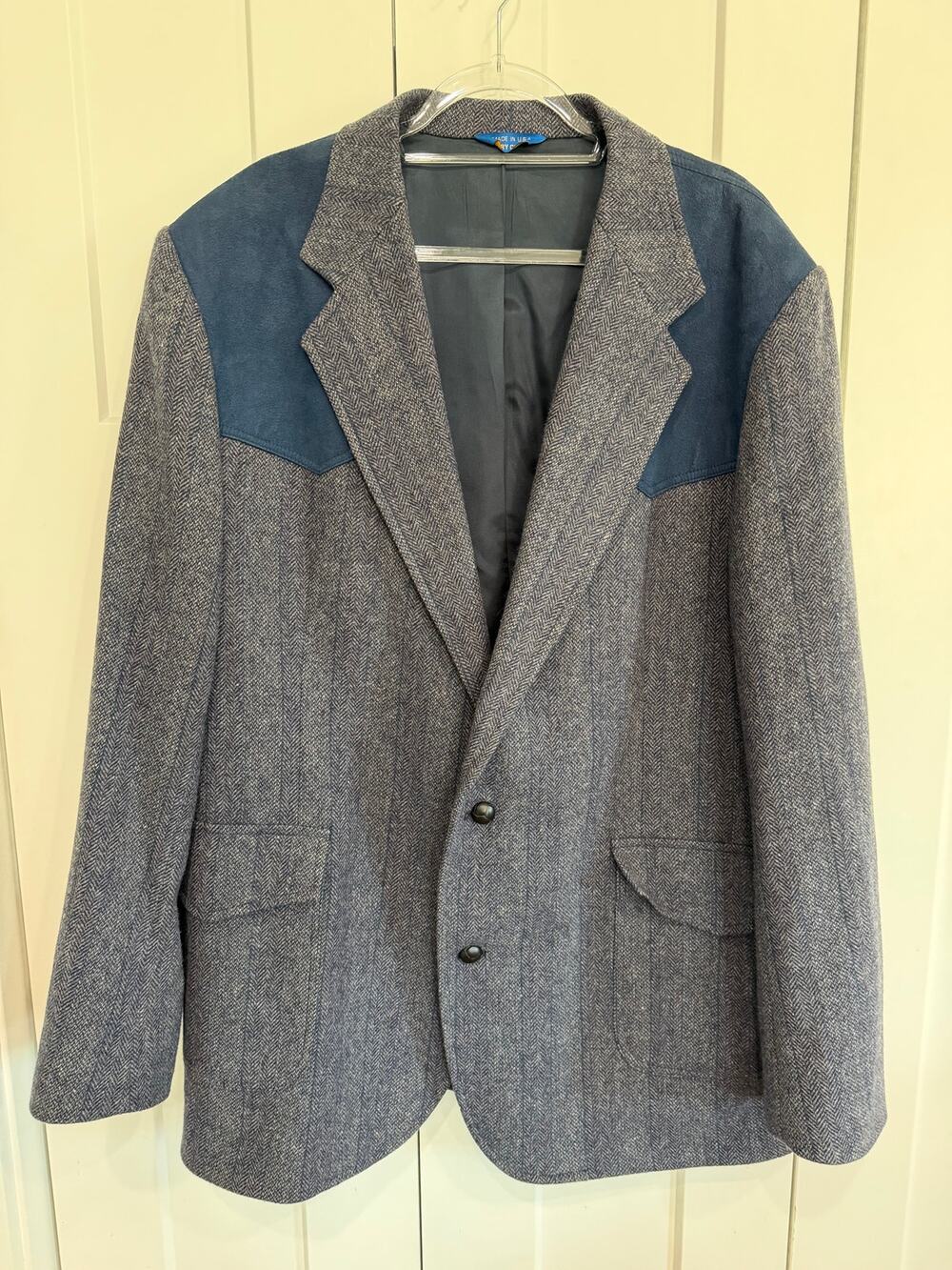 Vintage Pendleton Western Blazer Mens Blue 50 Tall Wool Tweed Suede USA